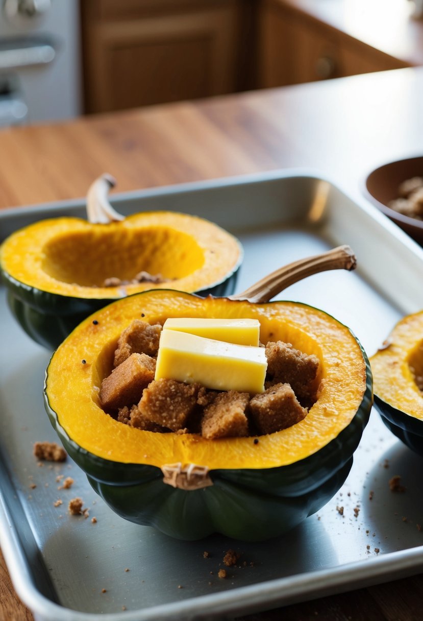 A halved acorn squash filled with brown sugar, butter, and spices, sitting on a baking sheet ready to be put into the oven