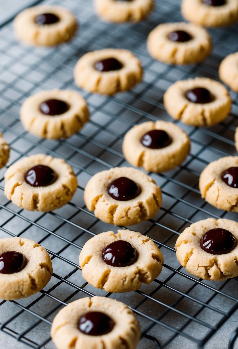 A batch of almond flour thumbprint cookies cooling on a wire rack