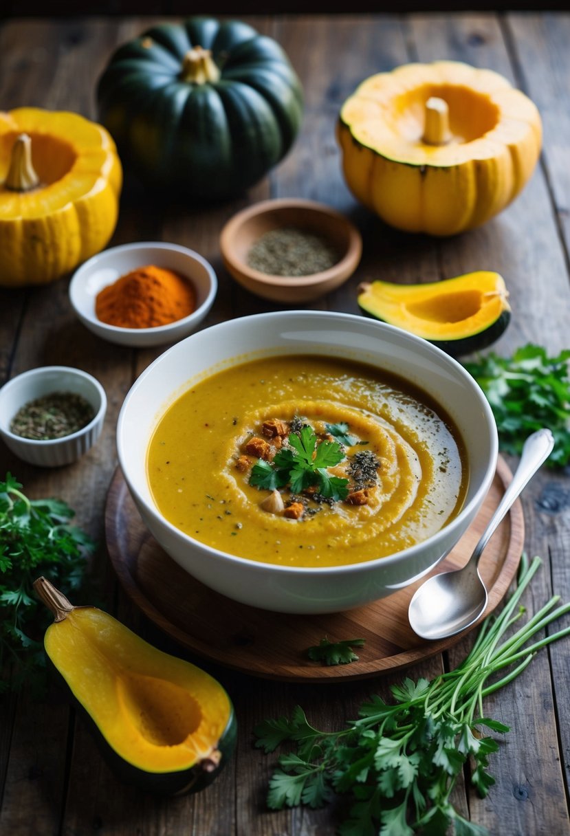 A steaming bowl of curried acorn squash soup surrounded by whole acorn squash, spices, and fresh herbs on a rustic wooden table