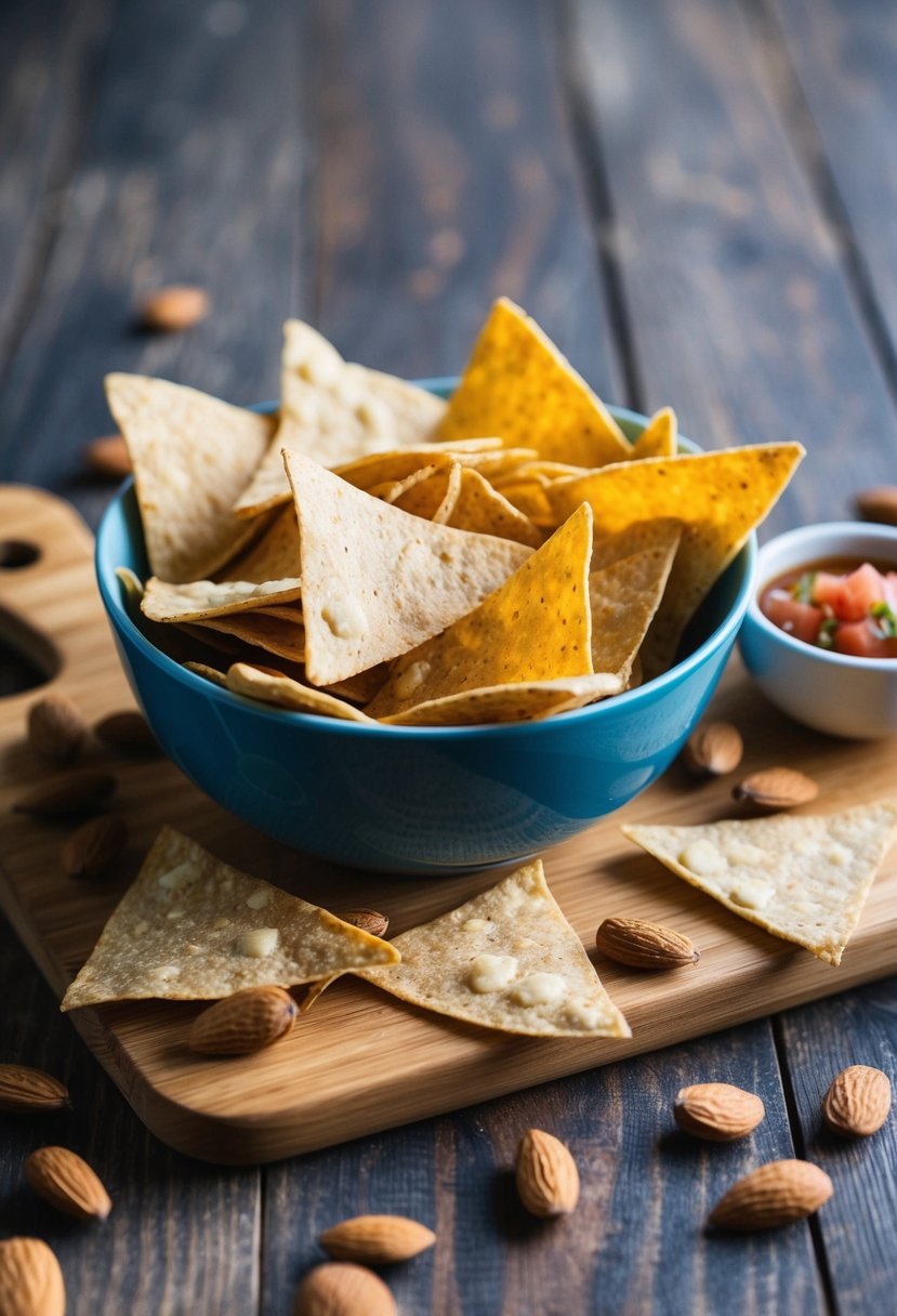 A bowl of almond flour tortilla chips arranged on a wooden cutting board, surrounded by scattered almonds and a small dish of salsa