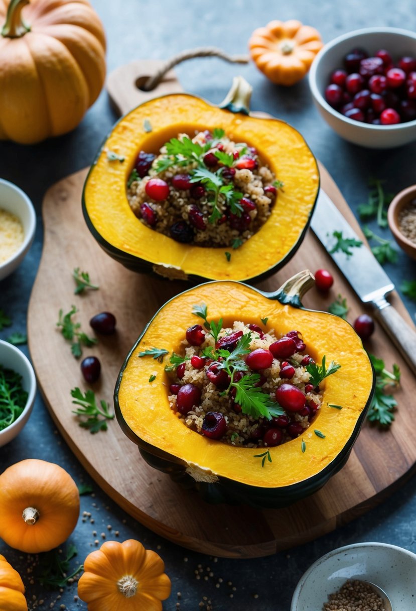 An acorn squash halved and filled with quinoa, cranberries, and herbs, surrounded by scattered ingredients and a rustic wooden cutting board