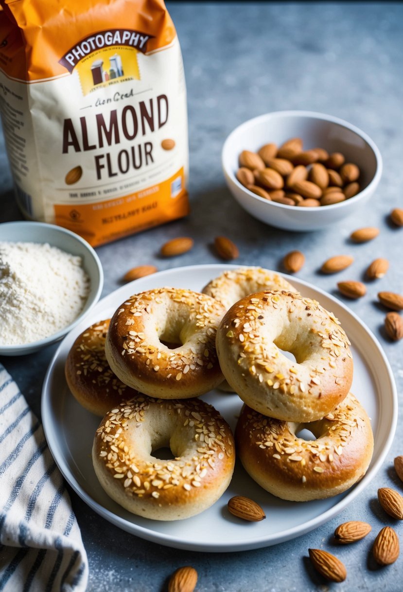 A kitchen counter with a plate of freshly baked almond flour bagels, surrounded by scattered almonds and a bag of almond flour