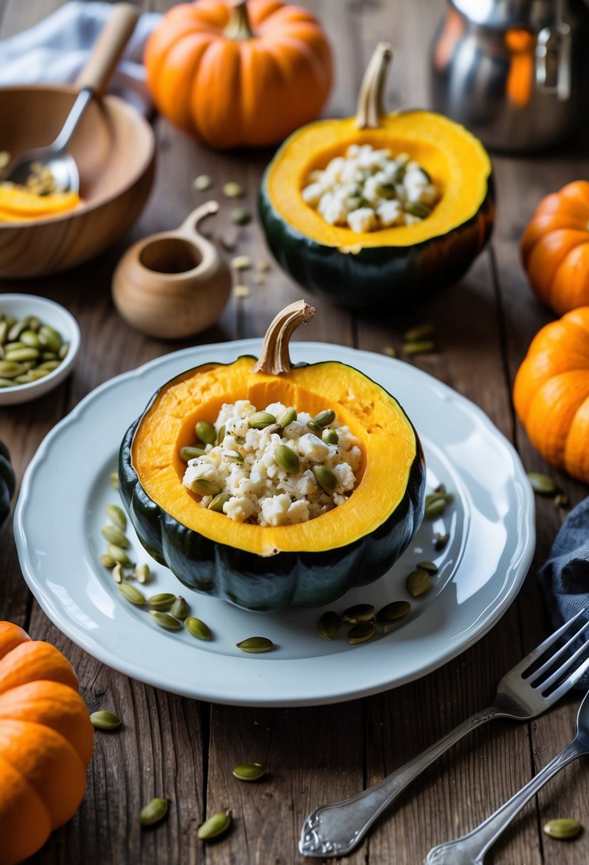 A rustic wooden table set with a vibrant acorn squash salad topped with crumbled feta and scattered pumpkin seeds, surrounded by fresh ingredients and kitchen utensils