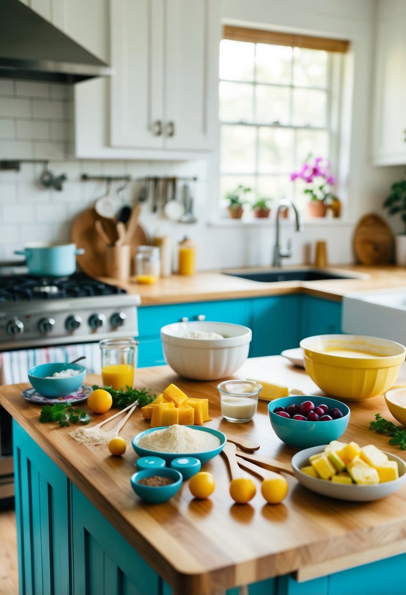 A colorful kitchen counter with a variety of ingredients and utensils laid out for making homemade pancake pops