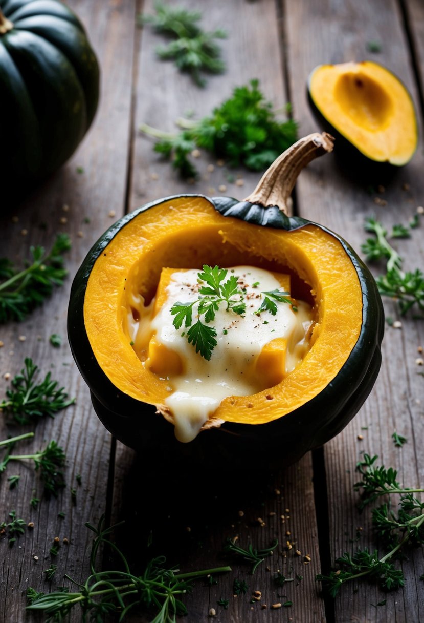 A golden-brown acorn squash, split open and filled with melted cheese, sits on a rustic wooden table surrounded by scattered fresh herbs and spices