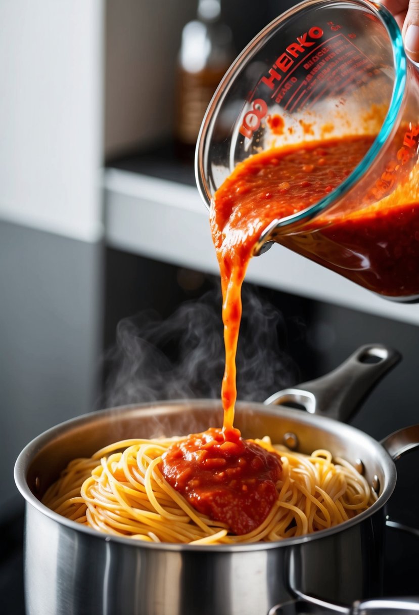 A pot of boiling spaghetti with rich red tomato sauce being poured over it