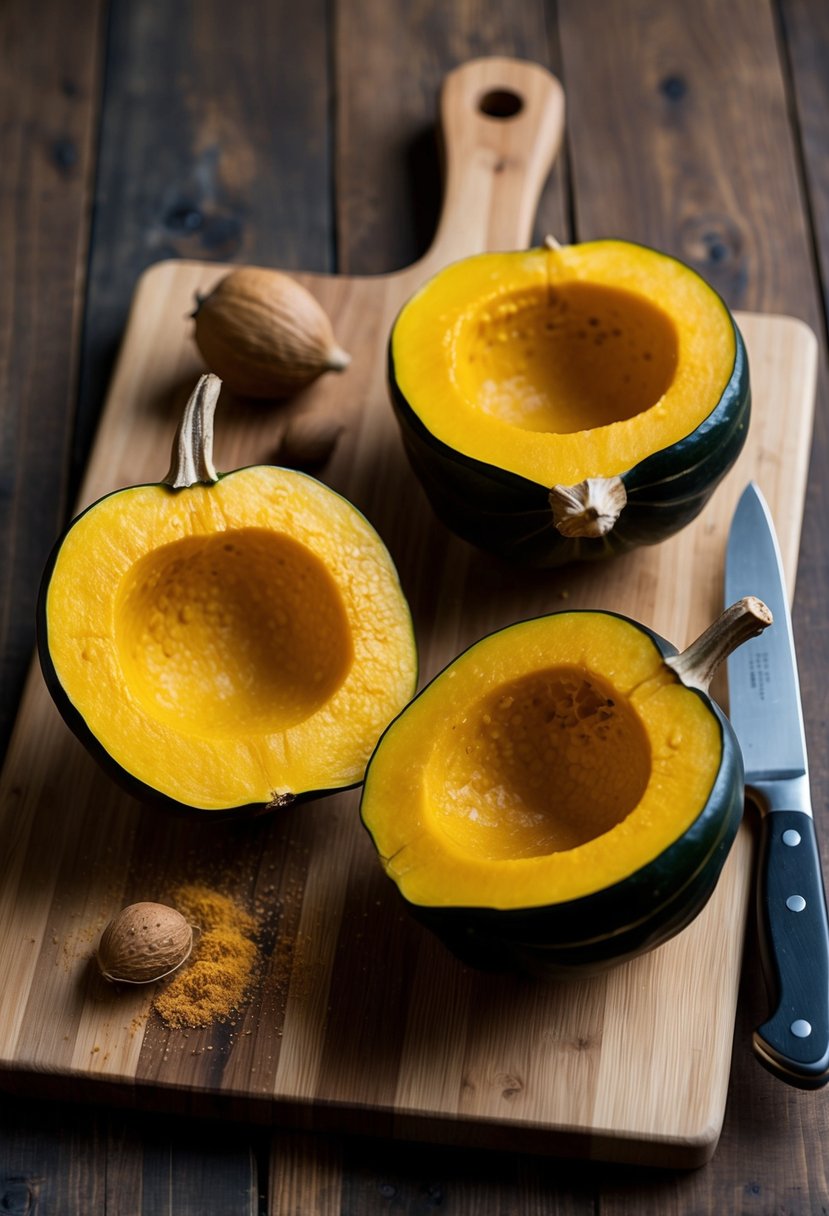 A wooden cutting board with halved acorn squash, a knife, and a sprinkle of nutmeg