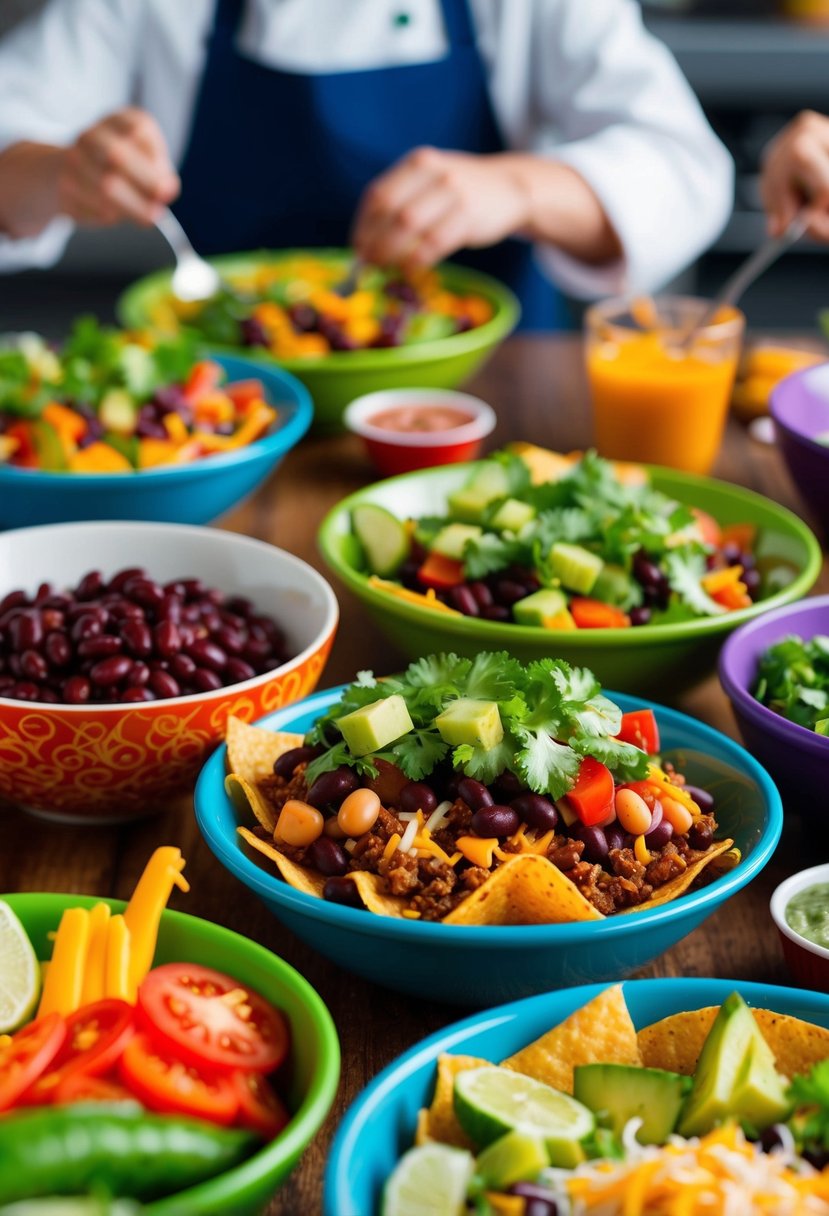 A colorful array of fresh vegetables, beans, and cheese fill crispy taco salad bowls, ready to be mixed and enjoyed by young chefs