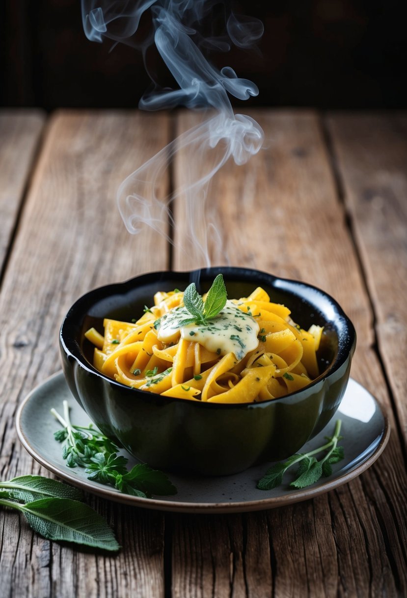 A steaming bowl of acorn squash pasta sits on a rustic wooden table, drizzled with fragrant sage butter and garnished with fresh herbs