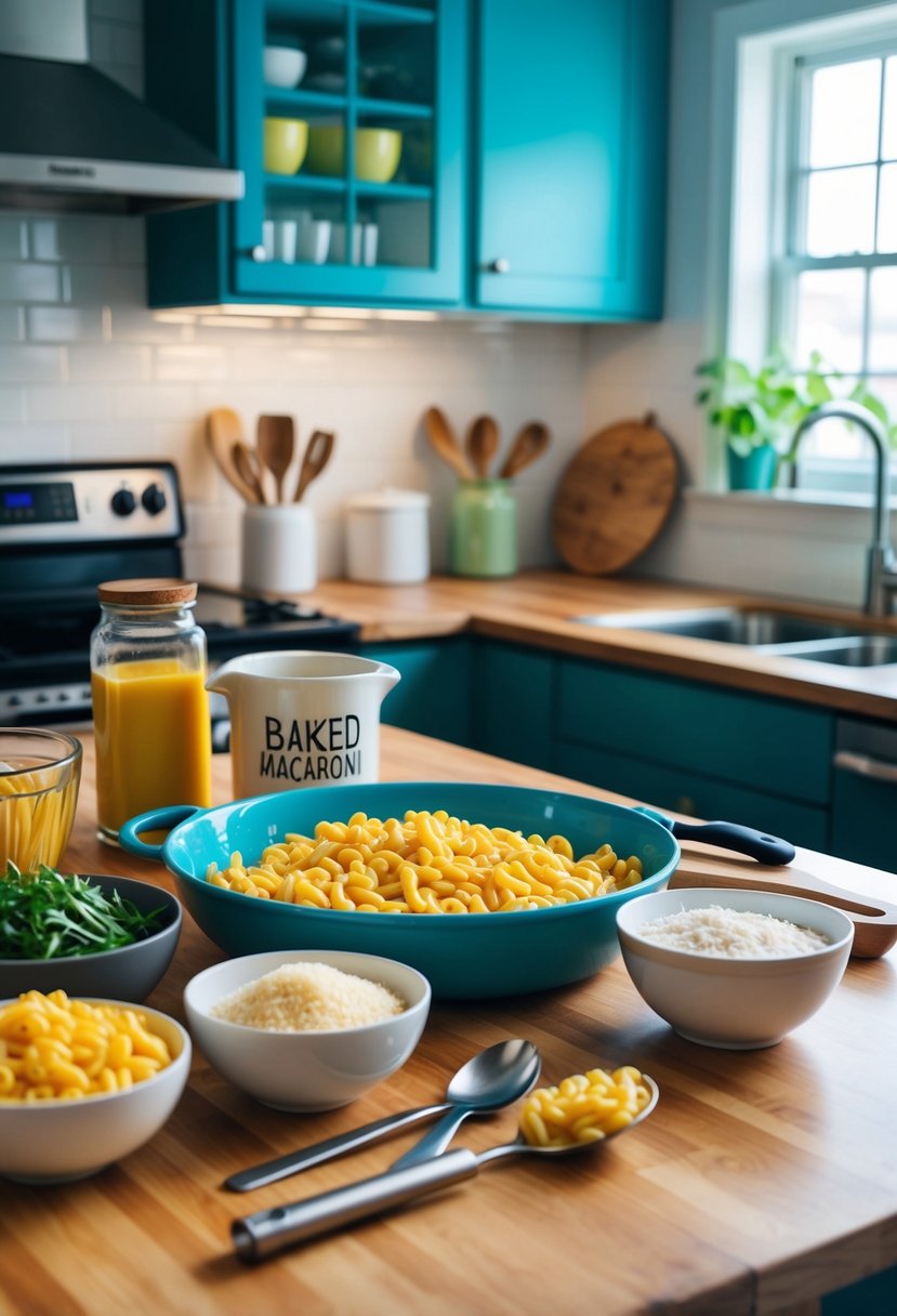 A colorful kitchen counter with ingredients and utensils for making baked macaroni and cheese