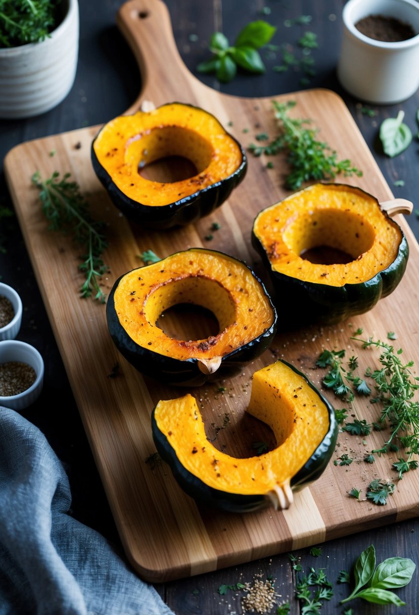 A rustic wooden cutting board with spicy roasted acorn squash wedges, surrounded by scattered herbs and spices