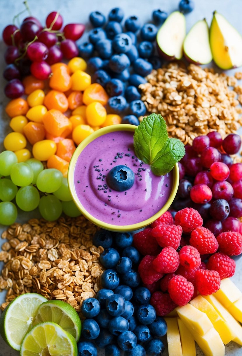 A colorful array of fresh fruits and granola arranged around a vibrant smoothie bowl