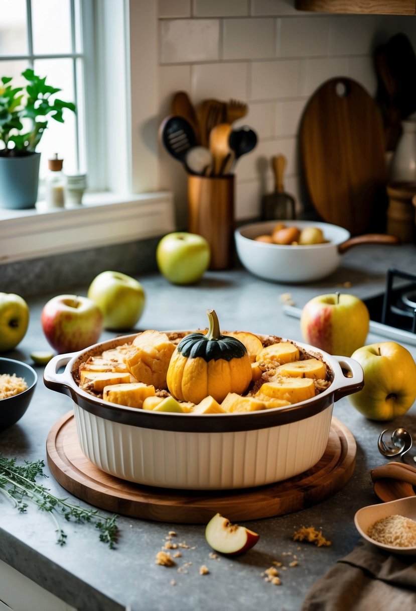 A rustic kitchen counter with a casserole dish filled with acorn squash and apples, surrounded by scattered ingredients and cooking utensils