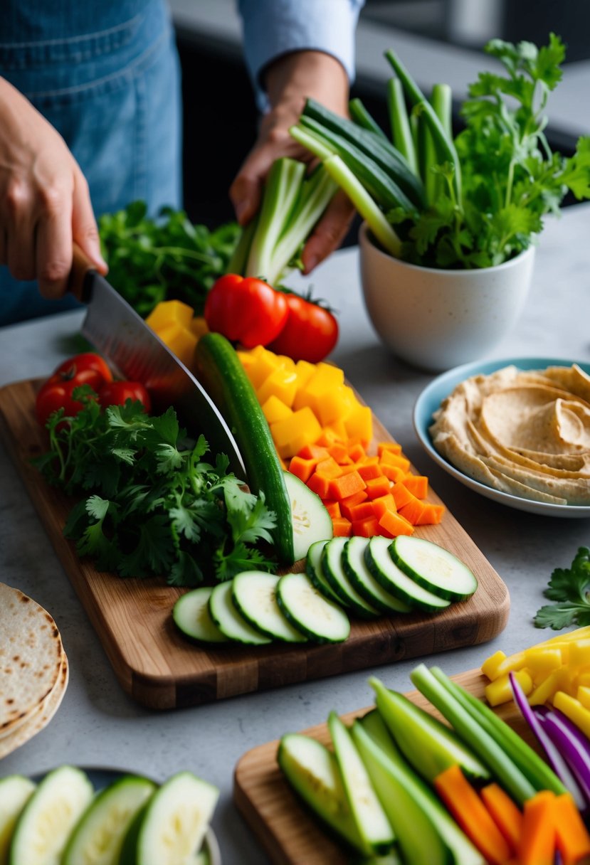 Fresh vegetables being sliced and arranged on a cutting board, with colorful tortillas and a spread of hummus nearby