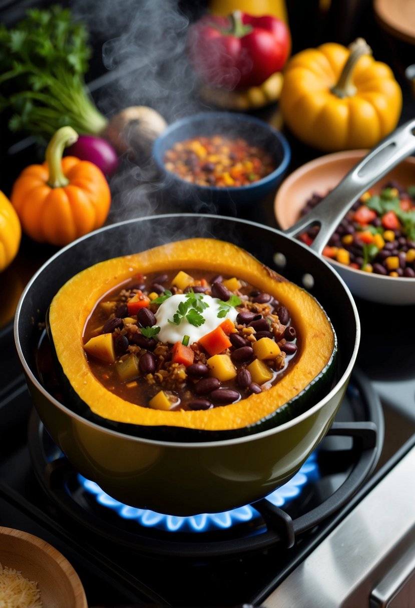 A steaming pot of Acorn Squash and Black Bean Chili simmering on a stovetop, surrounded by colorful vegetables and spices