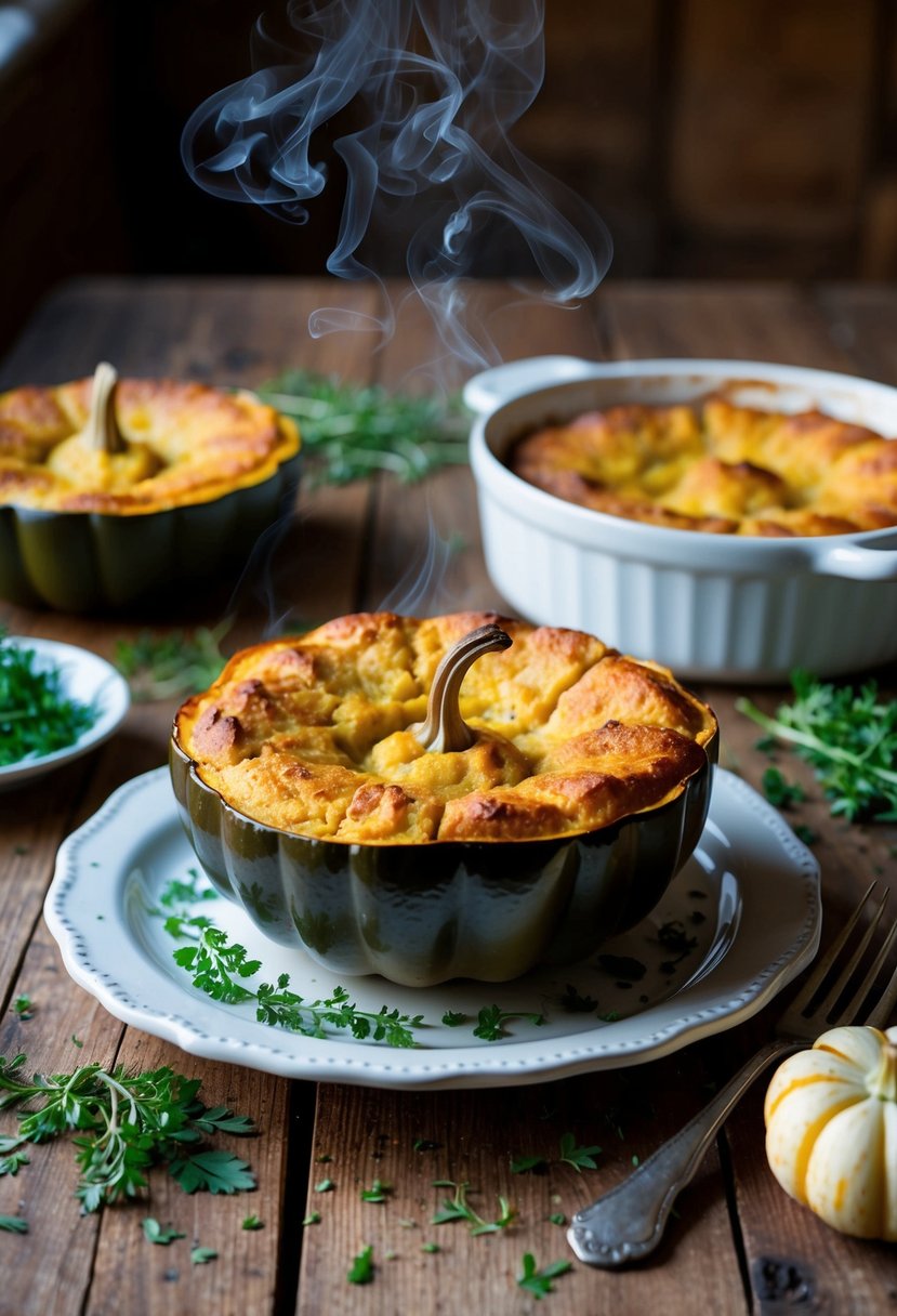 A rustic kitchen table set with a steaming, golden-brown acorn squash bread pudding surrounded by scattered fresh herbs and a vintage baking dish