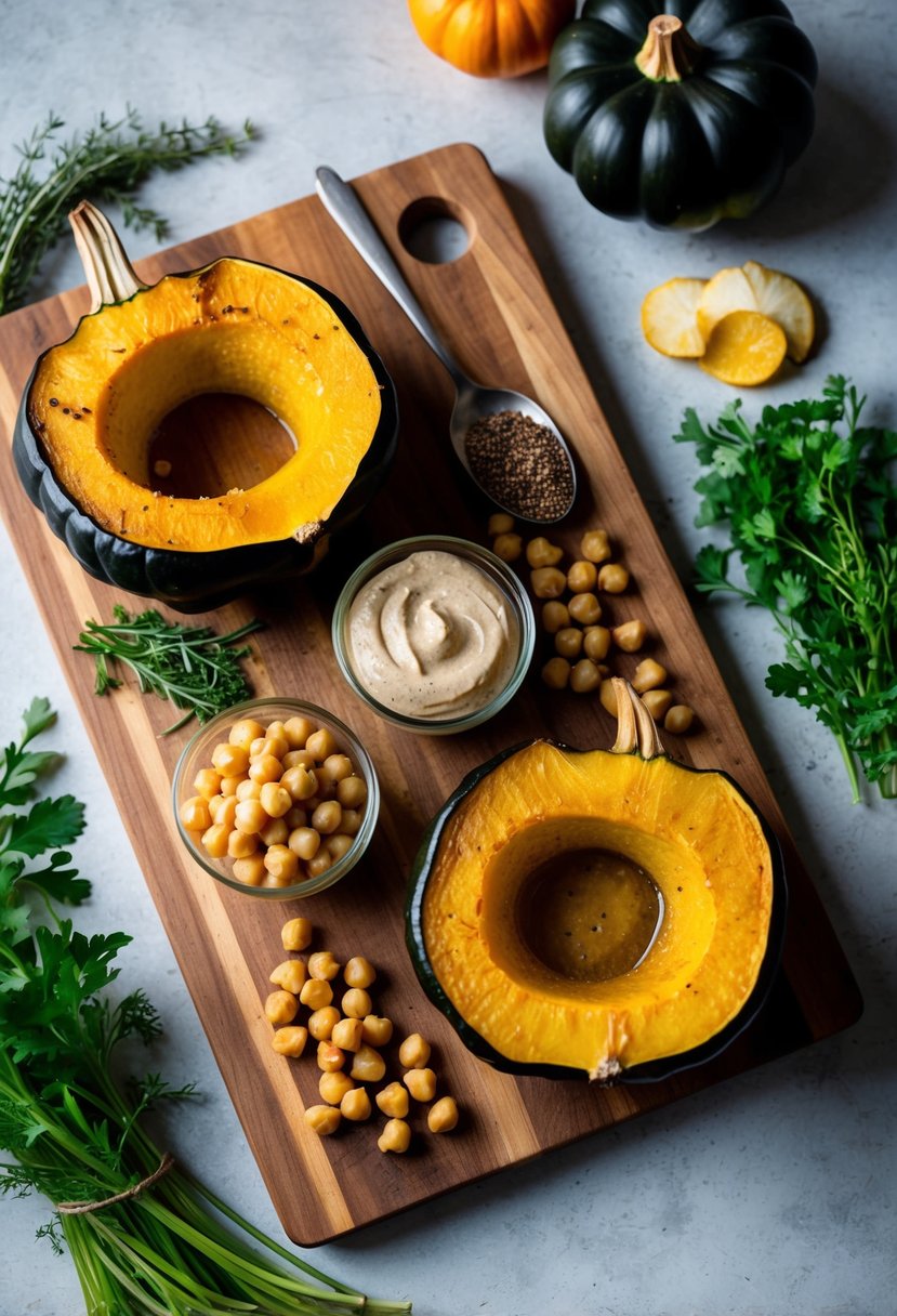 A rustic wooden cutting board with roasted acorn squash, tahini, and chickpeas surrounded by fresh herbs and spices