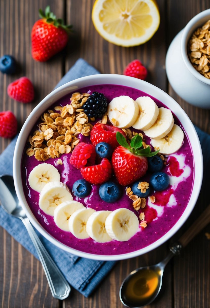 A vibrant acai bowl surrounded by fresh berries, banana slices, granola, and a drizzle of honey, set on a wooden table