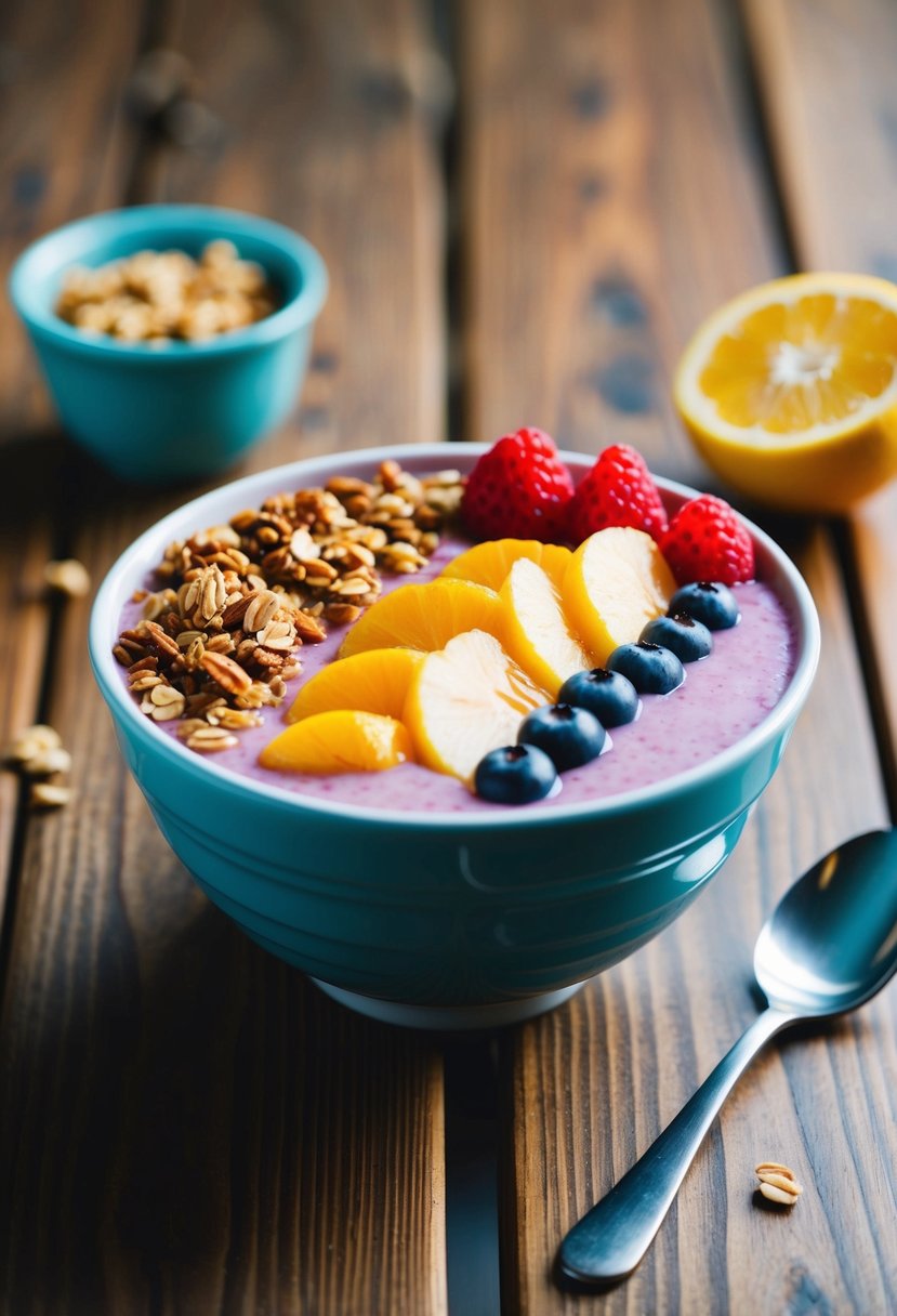 A colorful acai bowl topped with sliced fruit and granola on a wooden table with a spoon beside it