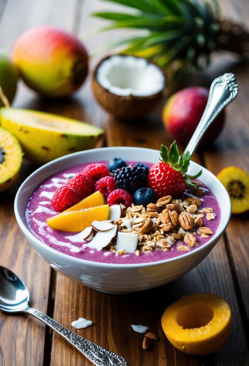 A vibrant acai bowl topped with fresh berries, granola, and coconut flakes sits on a wooden table surrounded by tropical fruits and a decorative spoon