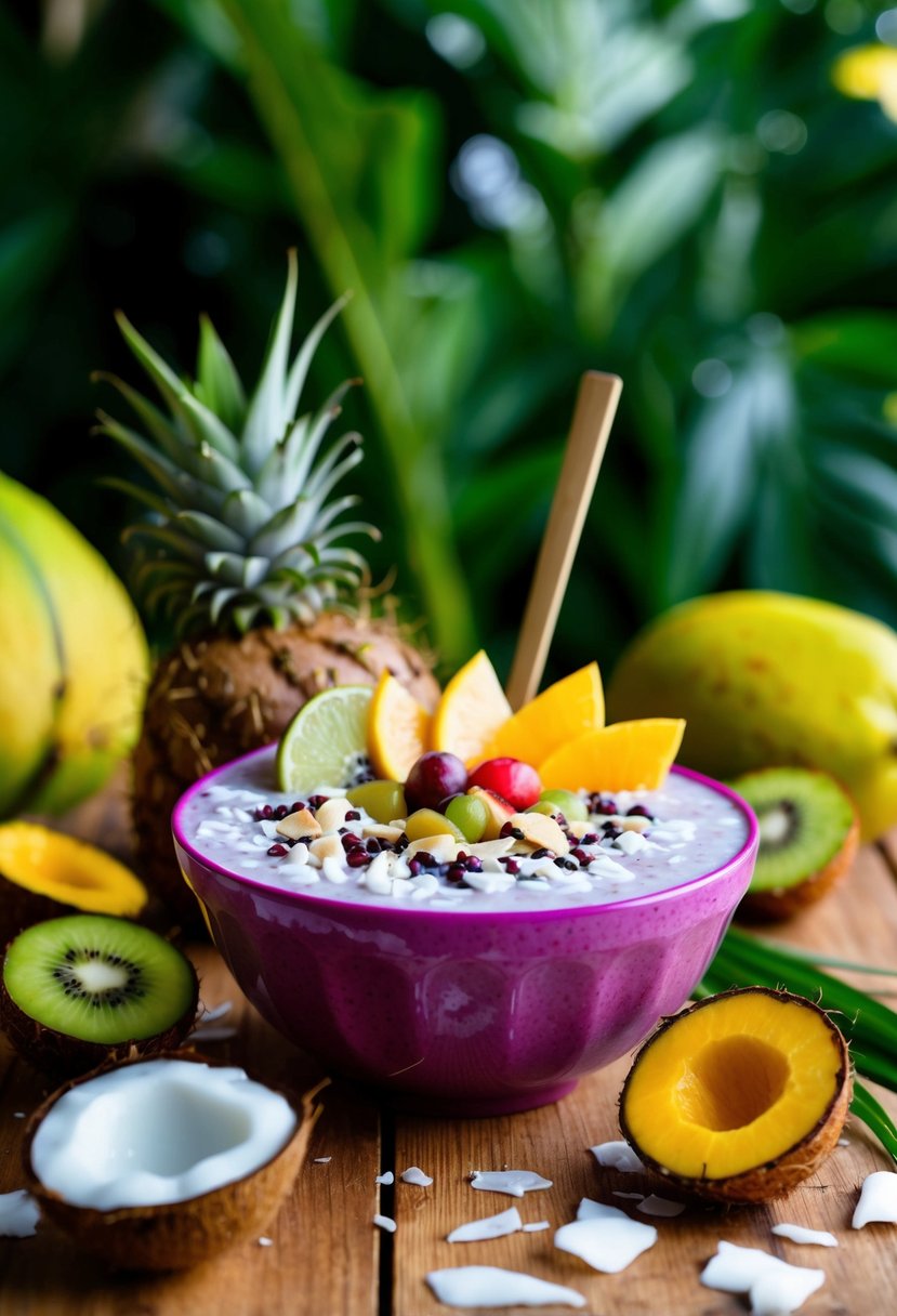 A vibrant acai bowl surrounded by tropical fruits and coconut flakes on a wooden table with a lush green backdrop