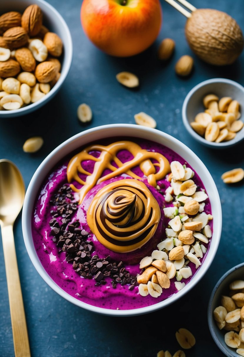 A vibrant acai bowl topped with swirls of peanut butter and chocolate, surrounded by fresh fruit and nuts