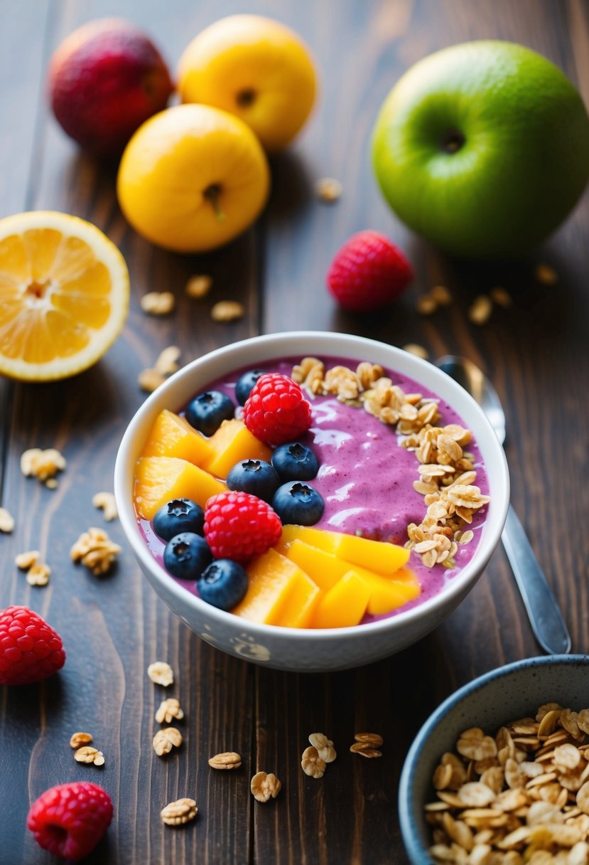 A vibrant acai bowl surrounded by fresh fruit and granola on a wooden table