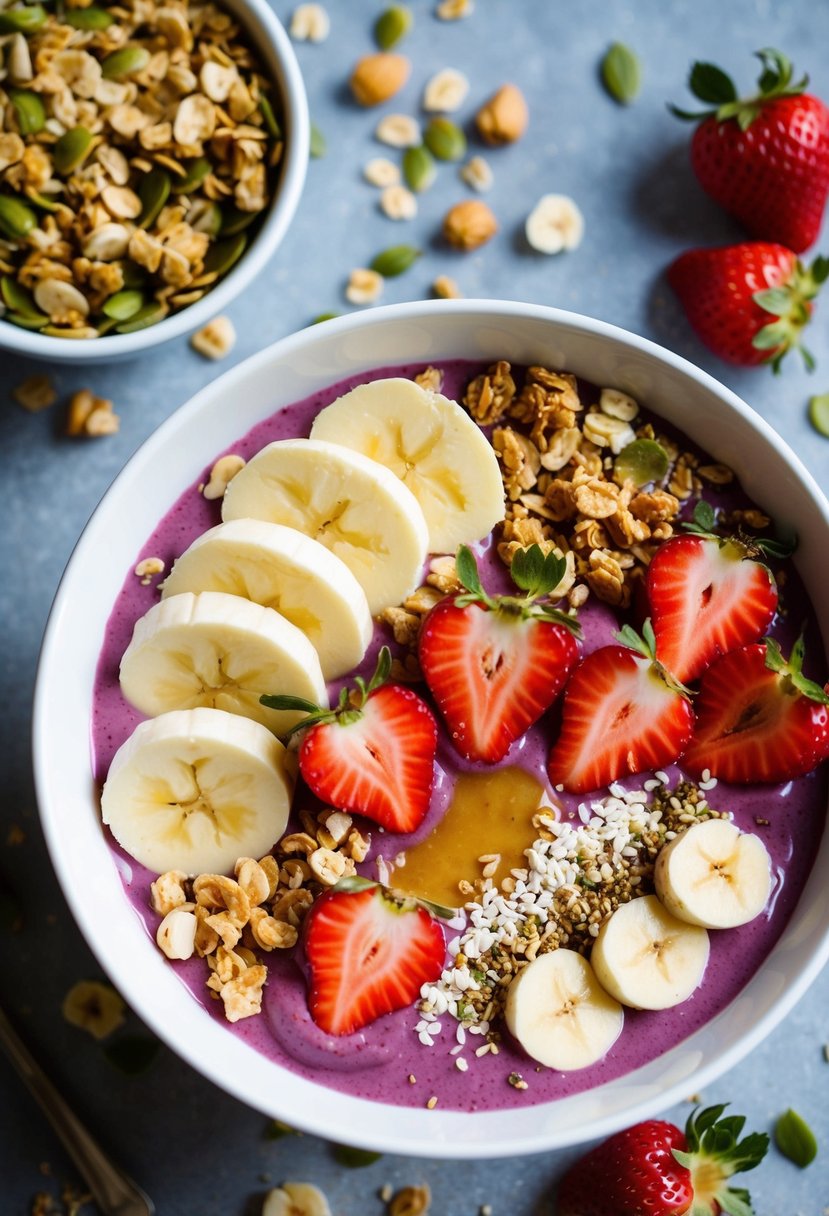 A colorful acai bowl topped with sliced bananas, strawberries, granola, and a drizzle of honey, surrounded by scattered nuts and seeds