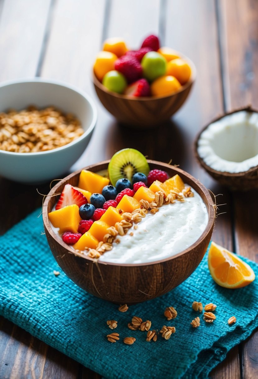 A vibrant coconut dream acai bowl surrounded by fresh fruit and granola on a wooden table