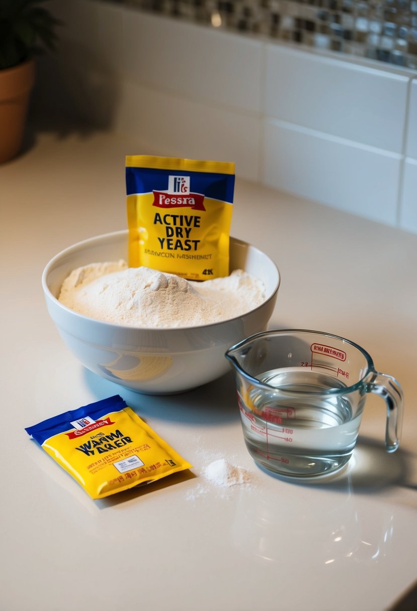 A bowl of flour, a packet of active dry yeast, and a measuring cup of warm water on a kitchen counter