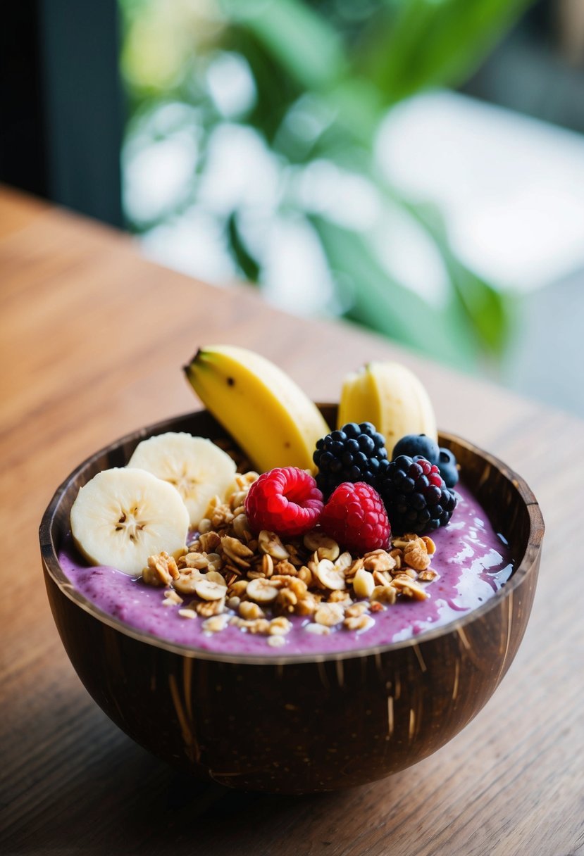 Acai bowl topped with granola, bananas, and berries in a coconut bowl on a wooden table