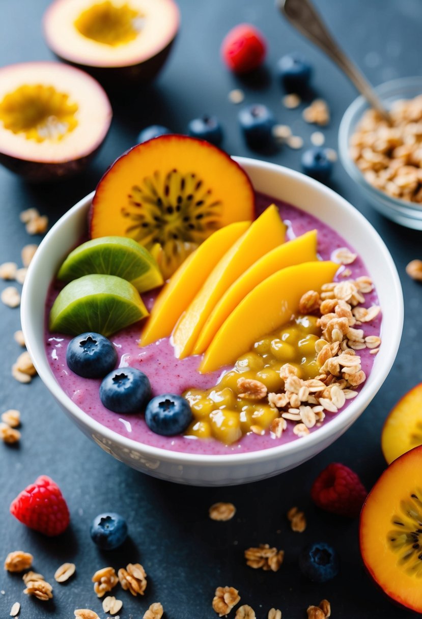 A vibrant acai bowl topped with fresh mango and passion fruit slices, surrounded by scattered acai berries and granola