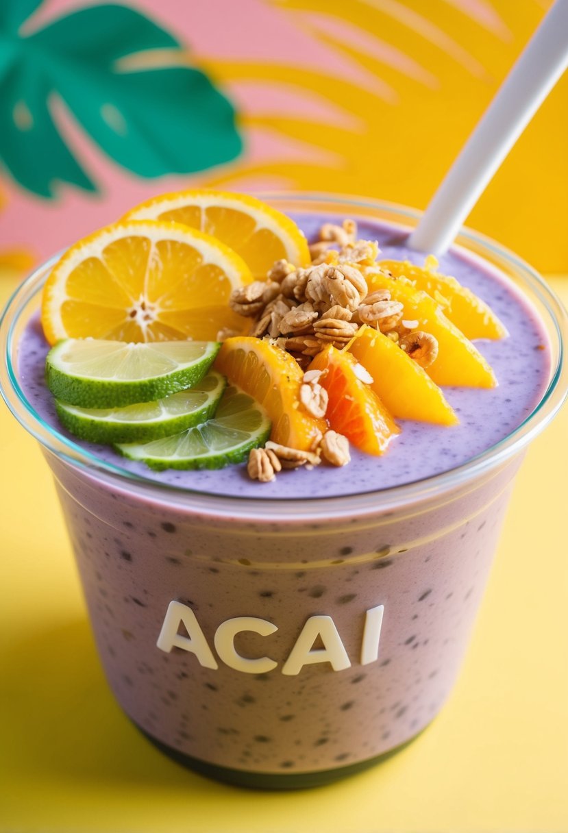 A vibrant acai bowl topped with fresh citrus zest, sliced fruits, and a sprinkle of granola, set against a bright, tropical backdrop