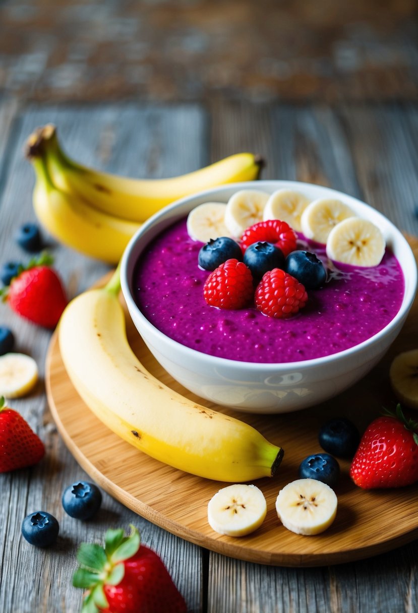 A vibrant Berry Banana Acai Bowl surrounded by fresh berries and sliced bananas on a wooden table