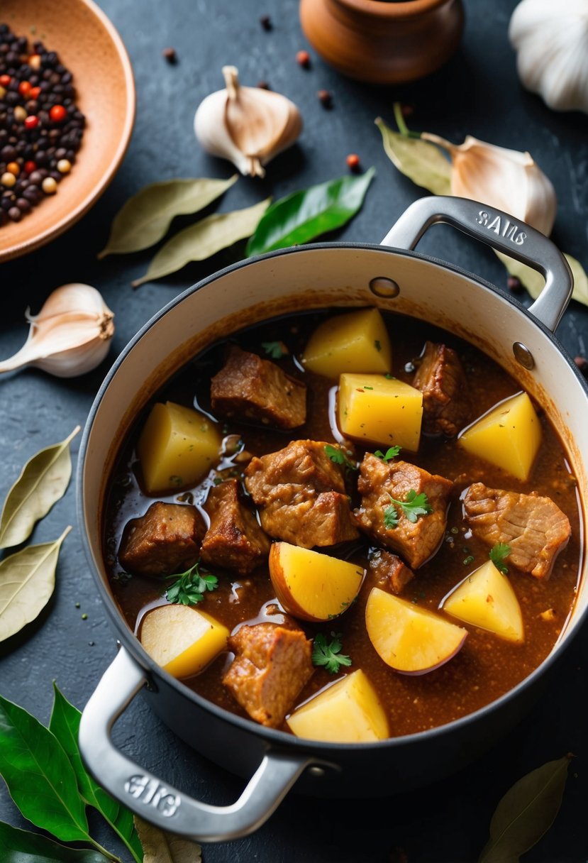 A pot simmering with adobo sauce, filled with chunks of tender meat and potatoes, surrounded by garlic cloves, bay leaves, and peppercorns