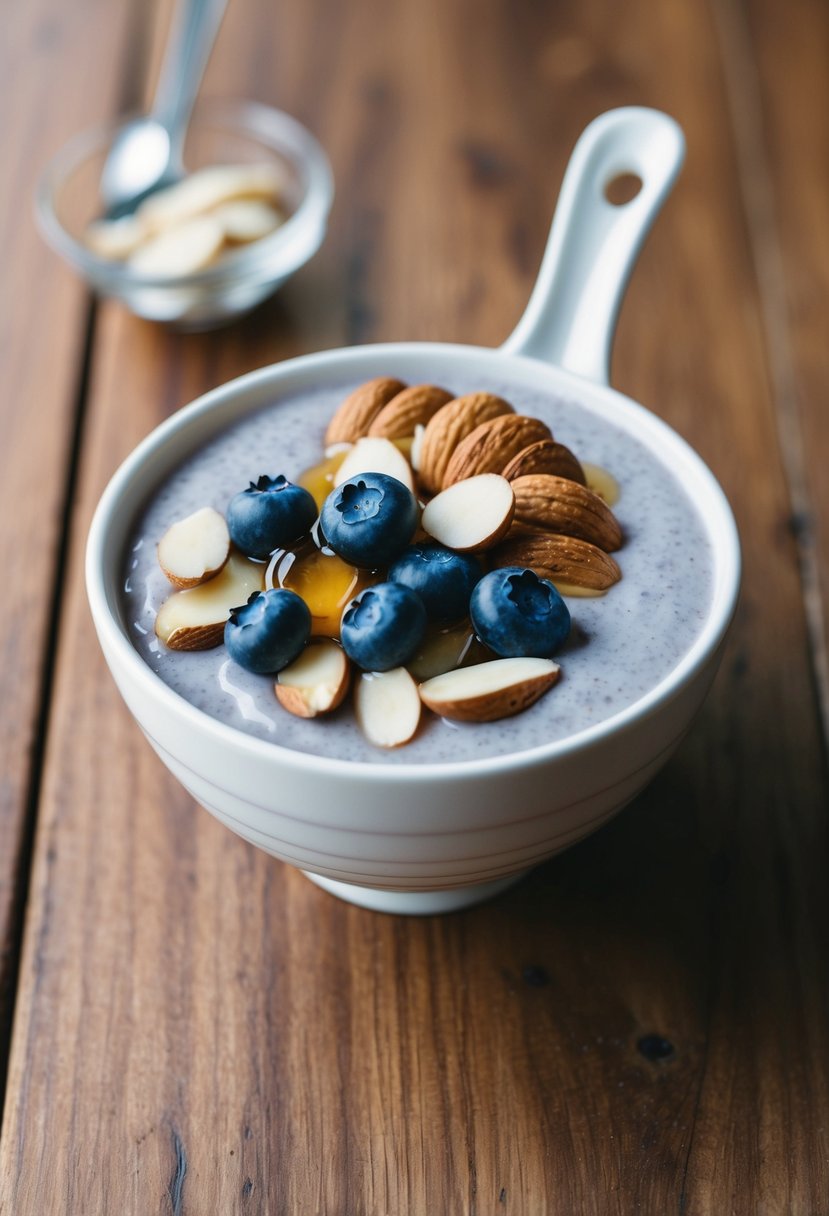 A wooden table with a white ceramic bowl filled with a thick, creamy acai mixture topped with sliced almonds, fresh blueberries, and a drizzle of honey