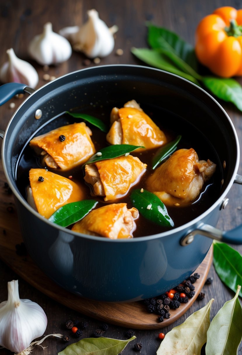 A simmering pot of chicken adobo with vinegar and soy sauce, surrounded by garlic, bay leaves, and peppercorns