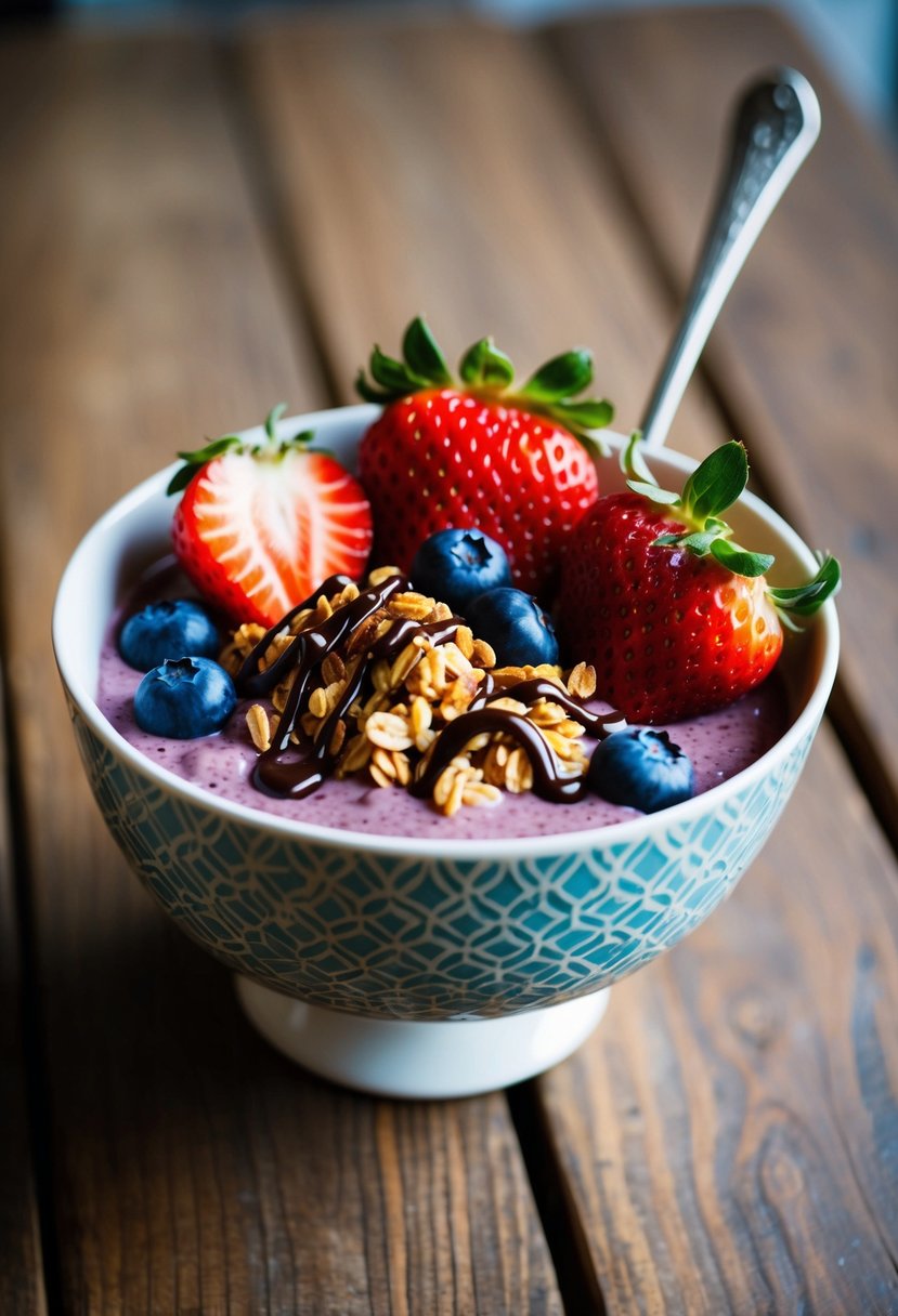 A vibrant acai bowl topped with fresh strawberries, blueberries, granola, and drizzled with chocolate sauce, served in a decorative bowl on a wooden table