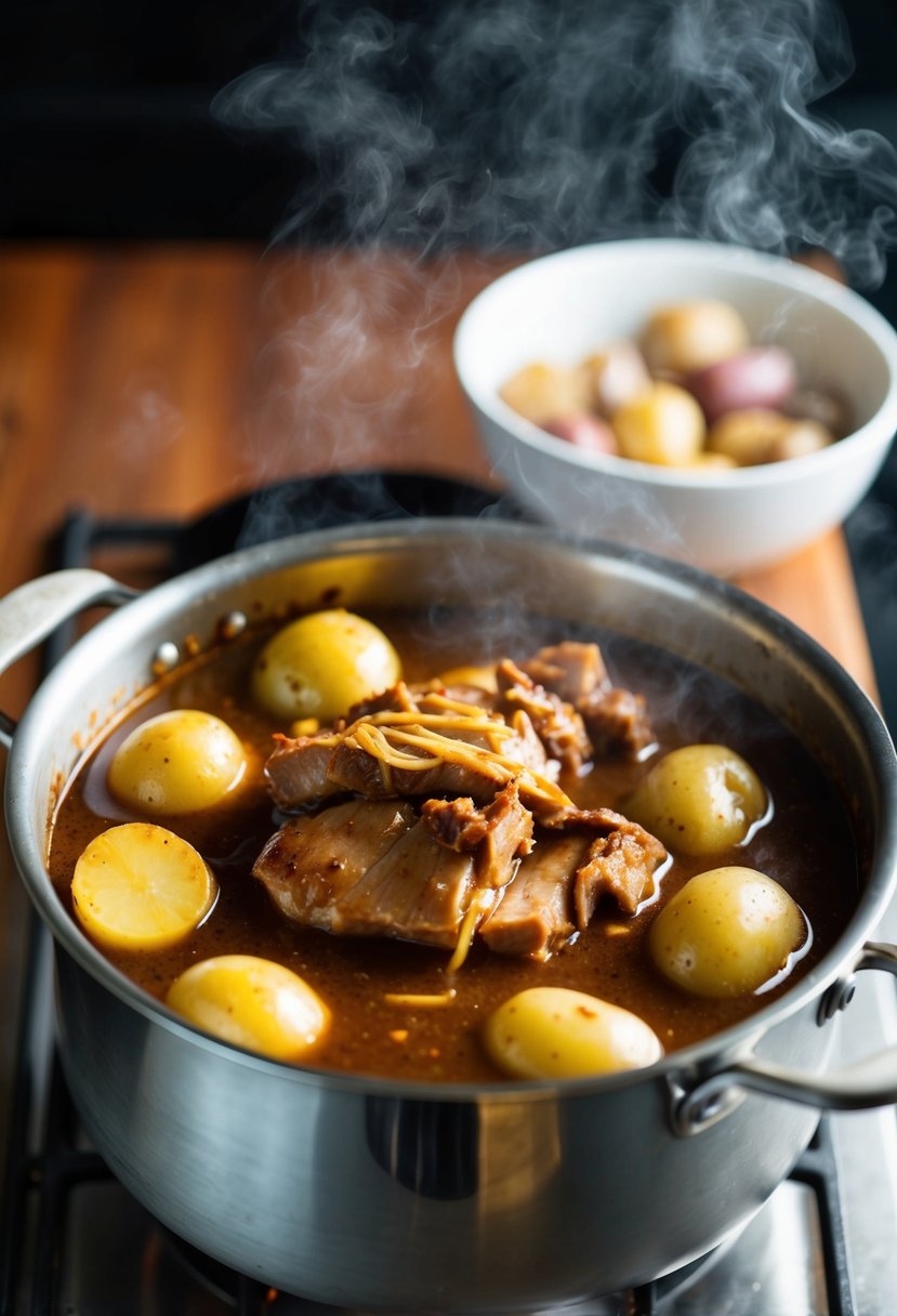 A steaming pot of pork adobo with potatoes simmering in a rich, savory sauce. The aroma fills the kitchen as the ingredients meld together