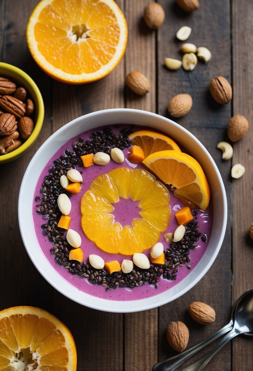 A vibrant sunrise citrus acai bowl surrounded by fresh fruits and nuts on a wooden table