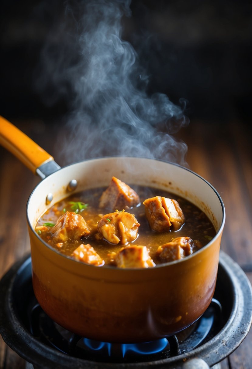 A steaming pot of adobo simmering with coconut milk and spices on a rustic wooden stove