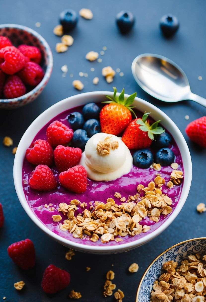 A vibrant acai bowl topped with fresh berries, granola, and a dollop of creamy cheesecake, surrounded by scattered ingredients and a decorative bowl