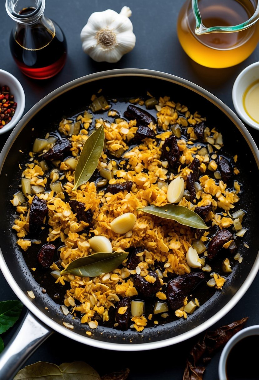 A sizzling pan of adobo flakes with garlic, pepper, and bay leaves, surrounded by ingredients like vinegar, soy sauce, and dried chili