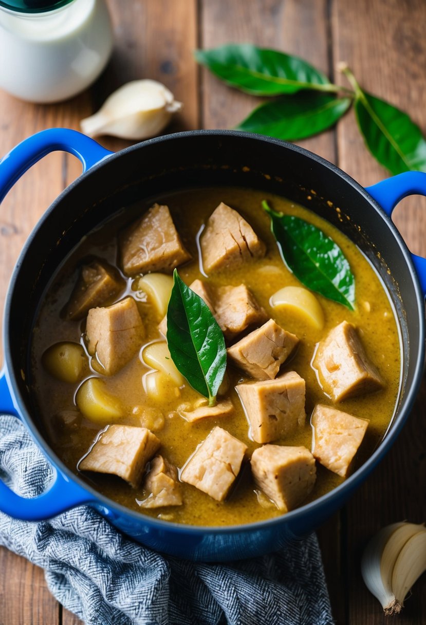 A simmering pot of adobo in coconut milk with garlic, bay leaves, and tender chunks of meat