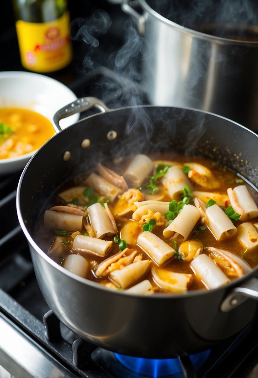 A steaming pot of adobong pusit with squid, garlic, and soy sauce simmering on a stove