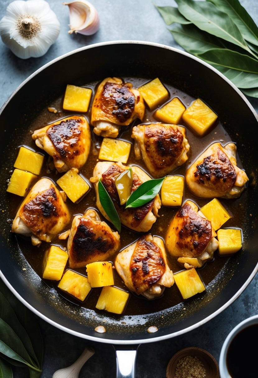 A sizzling pan of chicken adobo with pineapple, simmering in a savory and tangy sauce, surrounded by fresh ingredients like garlic, soy sauce, and bay leaves