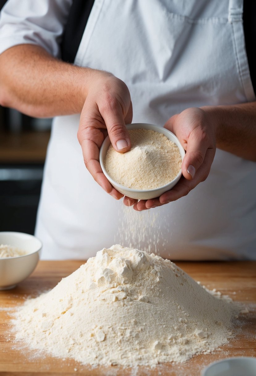 A baker sprinkles active dry yeast onto a mound of flour, preparing to mix ingredients for savory focaccia