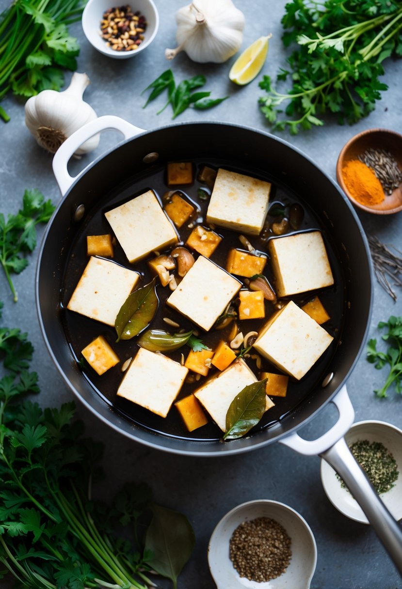 A simmering pot of tofu adobo with garlic, soy sauce, vinegar, and bay leaves, surrounded by a variety of fresh herbs and spices