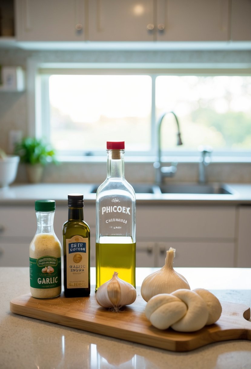 A kitchen counter with ingredients for garlic knots - flour, yeast, garlic, and olive oil - arranged in a neat row