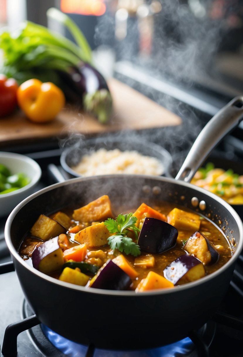 A pot of vegetable adobo simmering on a stove, with chunks of eggplant and other colorful vegetables in a savory sauce